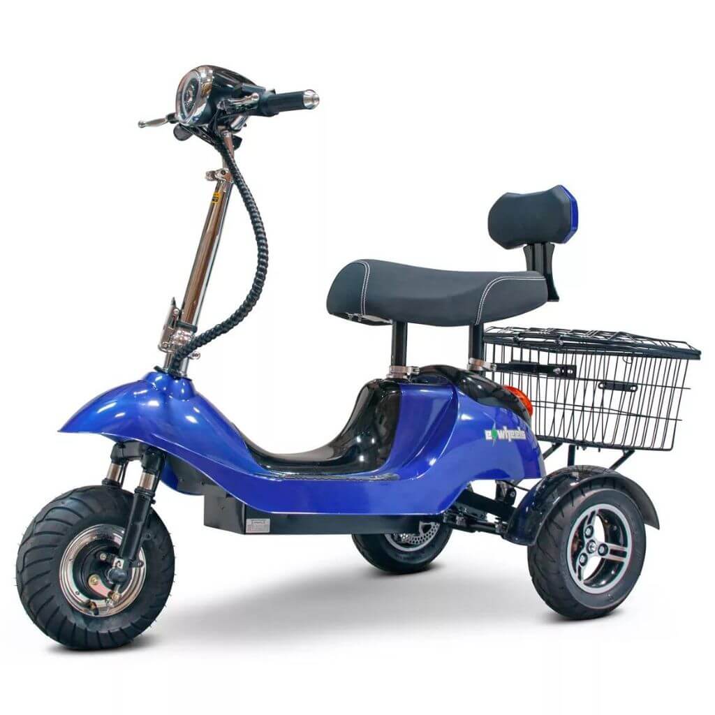 Blue 3-wheel mobility scooter facing left with a light on the front and a basket attached to the rear