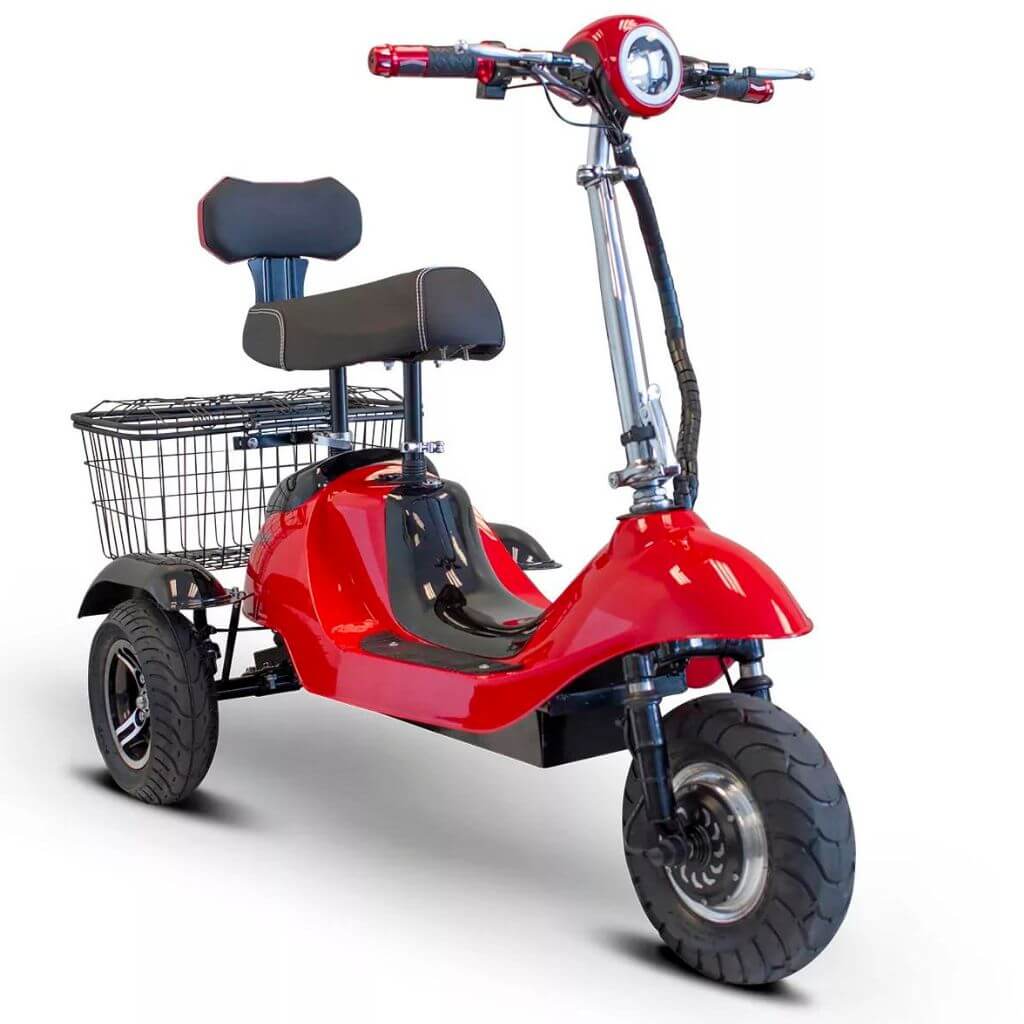 Blue 3-wheel mobility scooter facing left with a light on the front and a basket attached to the rear