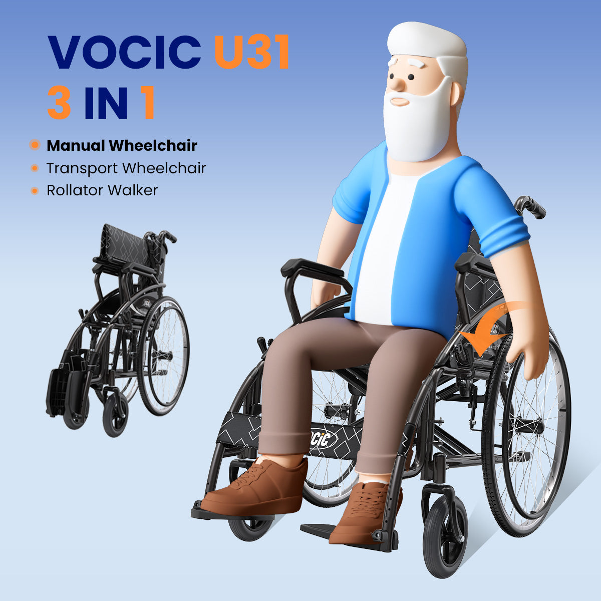 U31 3 In 1 Lightweight Foldable Manual Wheelchair