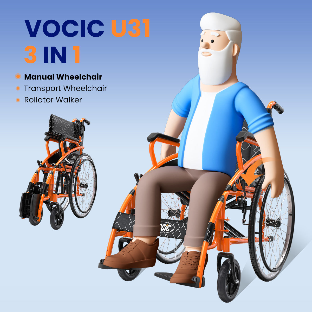 U31 3 In 1 Lightweight Foldable Manual Wheelchair