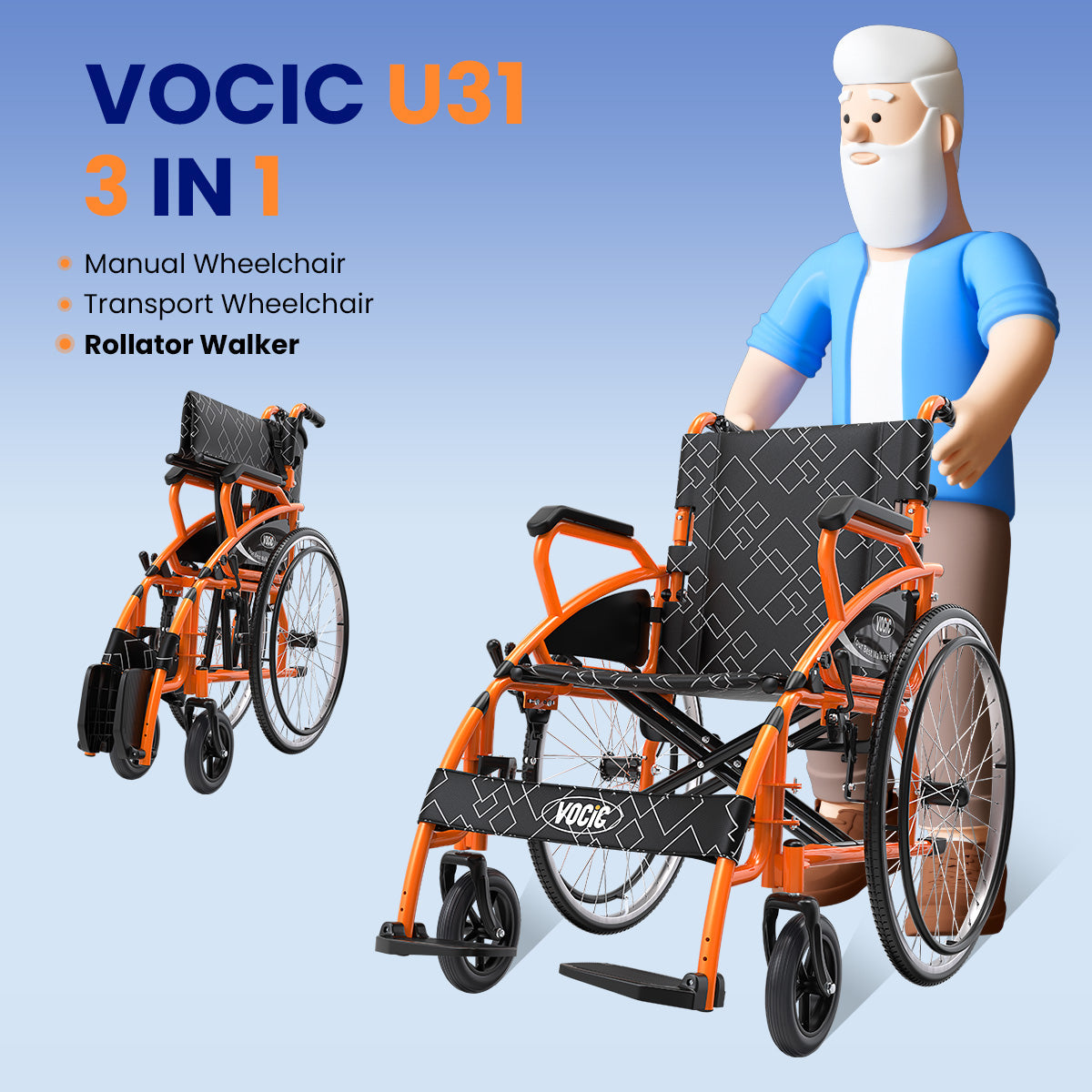 U31 3 In 1 Lightweight Foldable Manual Wheelchair