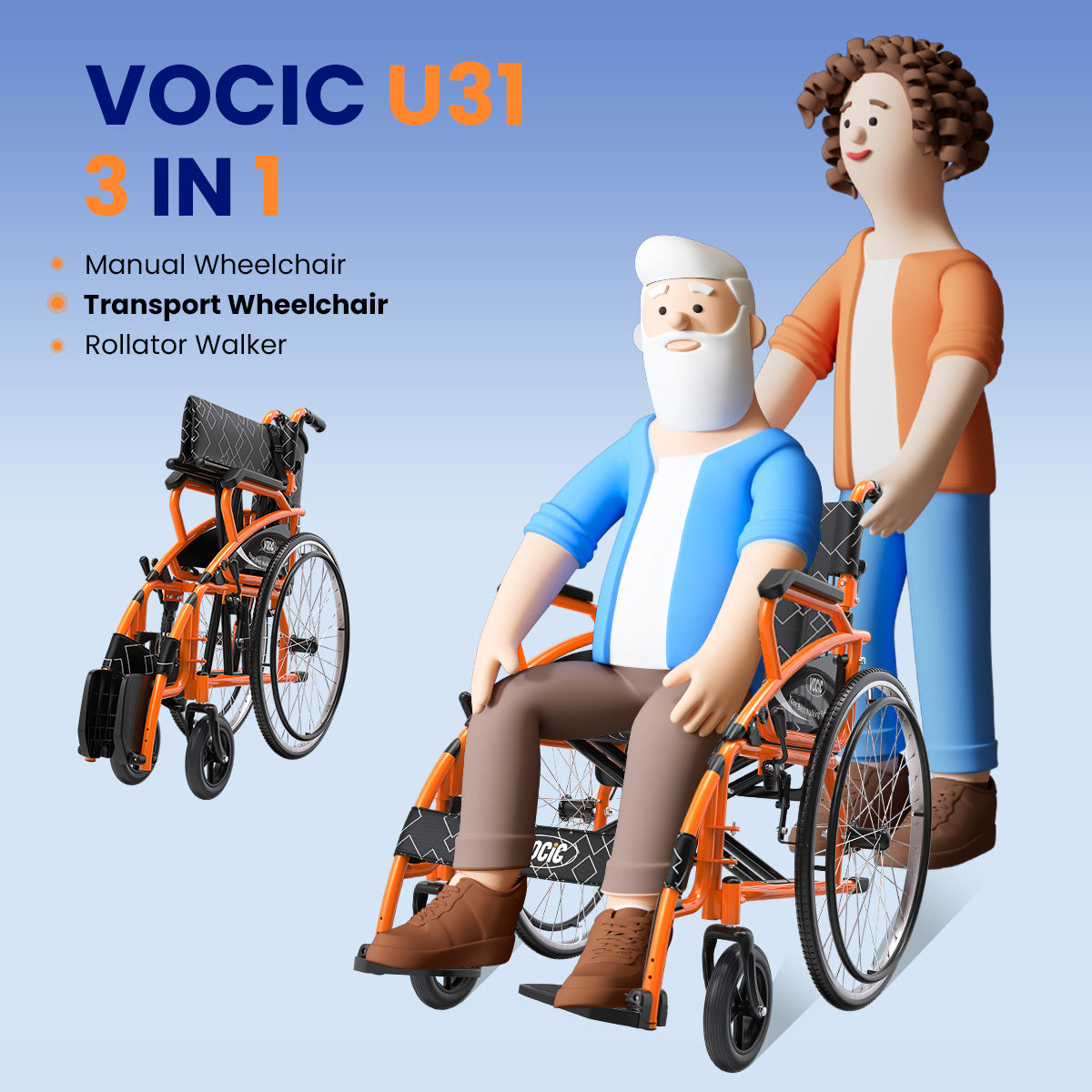 U31 3 In 1 Lightweight Foldable Manual Wheelchair